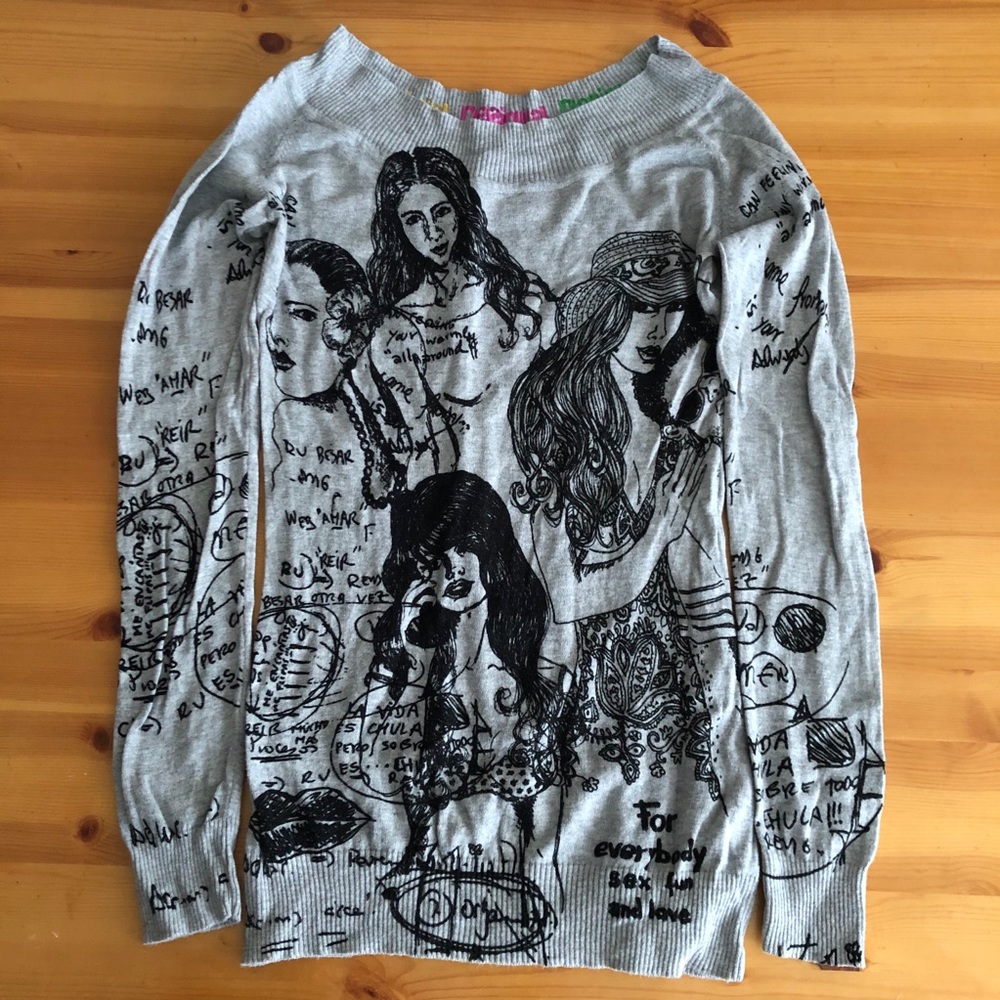 Desigual Grey Long Sleeve Knit Girl Drawing Small
